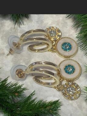 Gold Drop Earrings with Teal Crystal Accents - Women Jewelry